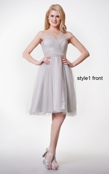 A-Line Changeable Ruched Belt Pleated Short-Sleeve Dress