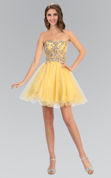 A-Line Short Strapless Sleeveless Tulle Satin Dress With Beading And Pleats
