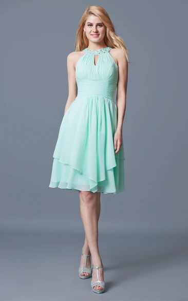 High-Waist Ruffled Short Halter Chiffon Bridesmaid Dress