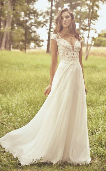 Cap Sleeve Illusion Plunging Neckline Lace Chiffon Wedding Dress With Appliques And Illusion Back