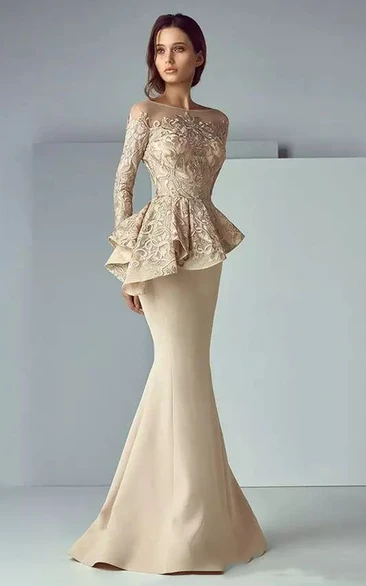 Mermaid Long Sleeve Floor-length Bateau Satin Lace Mother of the Bride Dress with Zipper Back