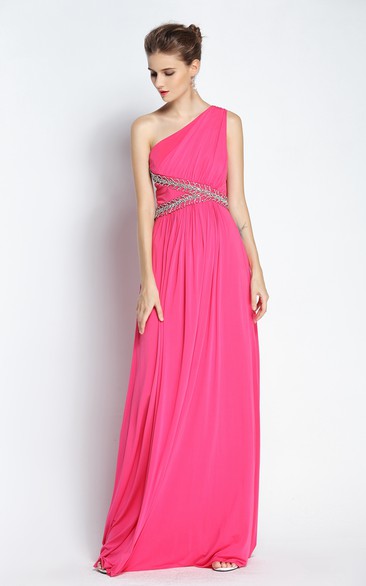 Floor-length A-Line One-shoulder Sleeveless Chiffon Prom Dress with Beading and Pleats