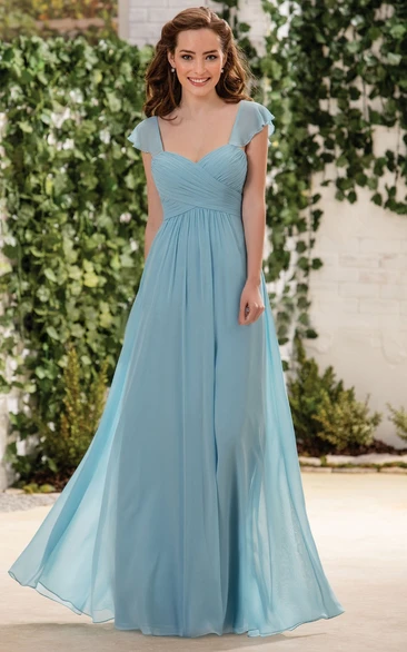 A Line Sweetheart Cap-Sleeves Floor-length Chiffon Bridesmaid Dress with Criss cross and Ruching
