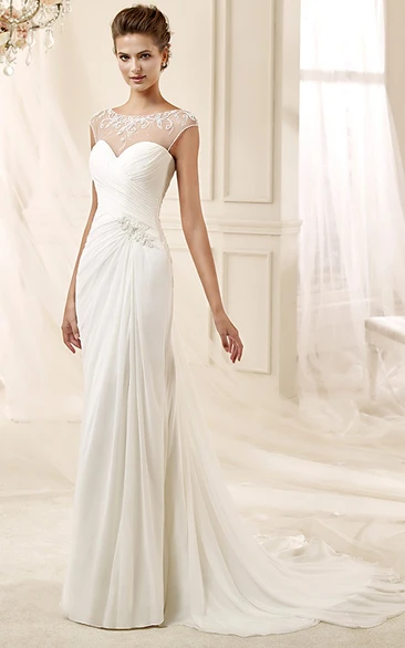 Sheath Scoop Cap Floor-length Chiffon Wedding Dress with Criss cross and Embroidery