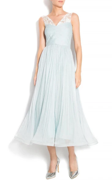 V-neck Criss cross Sleeveless Tea-length A-line Dress With Lace And Pleats