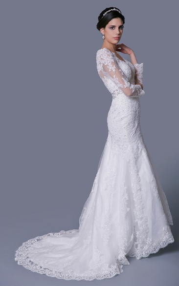 Jewels Crystal Brooch Long-Sleeve V-Neckline Gown