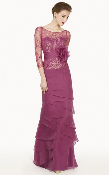 Floral Embroidery Prom Long-Sleeve Column Chiffon Dress