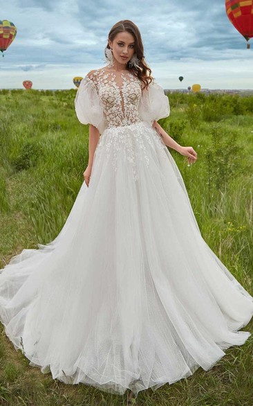 Elegant Tulle A Line Court Train Wedding Dress with Appliques
