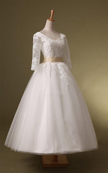 Scoop-neck Half Sleeve A-line Tea-length Wedding Dress With Appliques And Corset Back