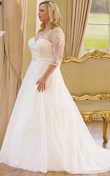 Illusion 3-4-sleeve Jewel-Neck plus size Wedding Dress With Sweep Train