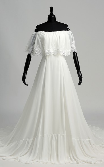 A-line Chiffon Off-the-shoulder Chapel Train Sleeveless Lace Pleats Ruched Wedding Dress
