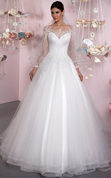 Scoop-neck Illusion Long Sleeve Tulle Ball Gown With Lace And Corset Back