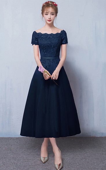 Off-the-shoulder Satin Lace Tea-length Formal Dress With Appliques
