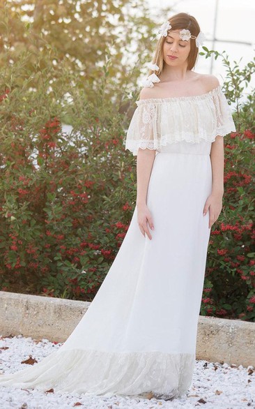 Boho Off-The-Shoulder Lace Chiffon Wedding Dress With Sweep Train