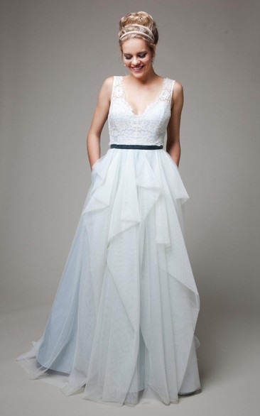 Long Satin Sash Ruffles Sleeveless V-Neckline Bridal Dress