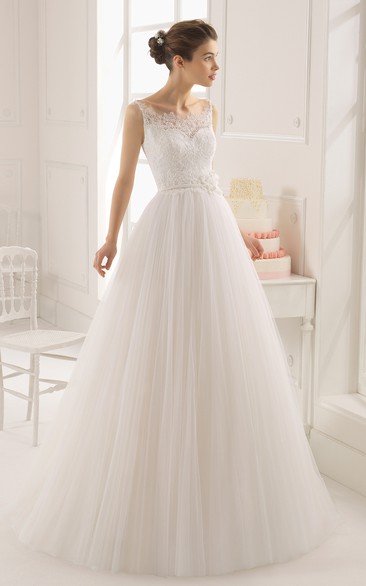 Long Floral Lace-Top Sleeveless Tulle Gown