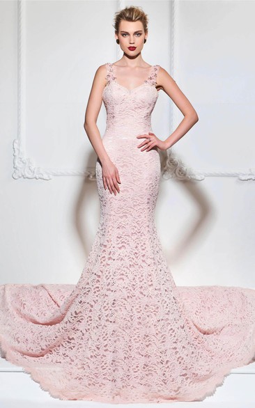 Lace Mermaid Floral Appliqued Gown With Straps And Open Back