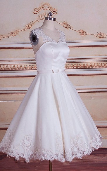 3-4-Length Lace Bridal Short A-Line Satin Tulle Dress