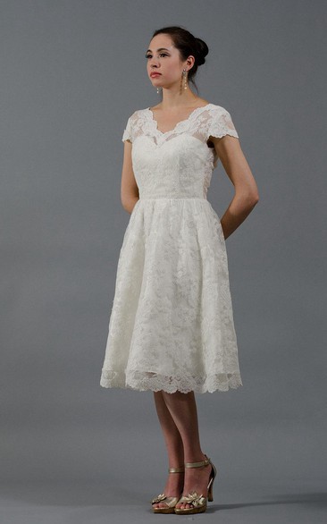 Cap-sleeve short Lace Appliqued Wedding Dress With deep-v back