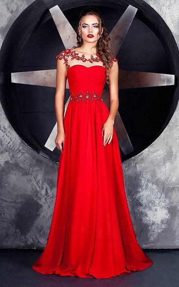 Bateau-Neck Jersey Floor-Length A-Line Keyhole Short-Sleeve Dress