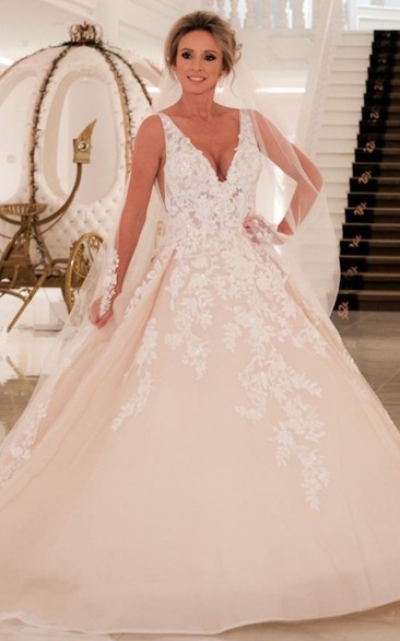 V-neck Elegant Ball Gown Tulle Wedding Dress with Appliques and Train