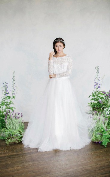 Bateau Lace Long Sleeve A-line Wedding Dress With Tulle skirt