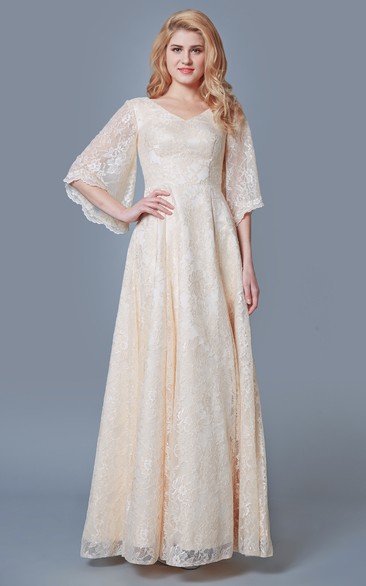 Lace Bell Sleeves Long Vintage Bridesmaid Dress