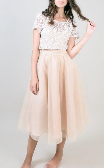 Bateau-neck Short Sleeve Tea-length A-line Dress With Lace top