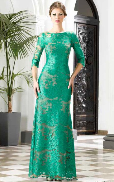 Scoop-neck Lace 3-4-sleeve Dress With Deep-V Back