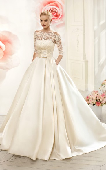 Ball Gown Floor-Length Off-The-Shoulder Half-Sleeve Illusion Satin Dress With Lace