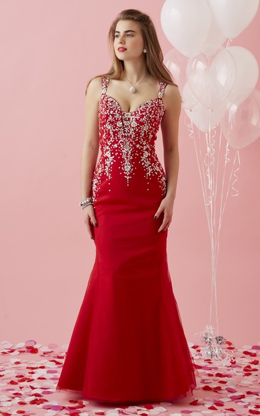 Strapped Mermaid Beaded Prom Dress With Keyhole