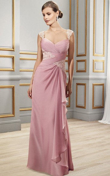 Floor-Length Ruched Queen-Anne Satin Chiffon Formal Dress With Appliques And Draping