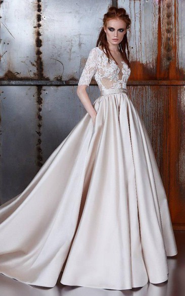 Lace Half Sleeve Satin A-Line Wedding Dress With Illusion Appliqued Top