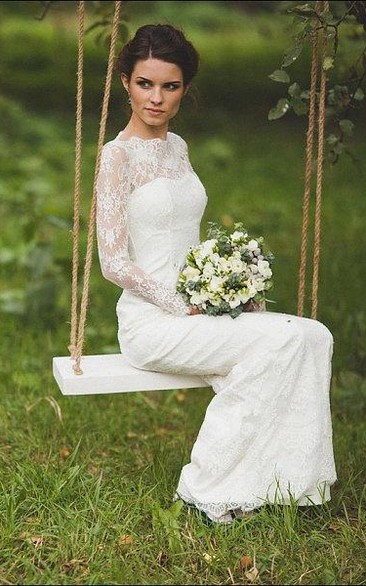 Sheath Wedding Illusion-Sleeve Scalloped Lace Dress