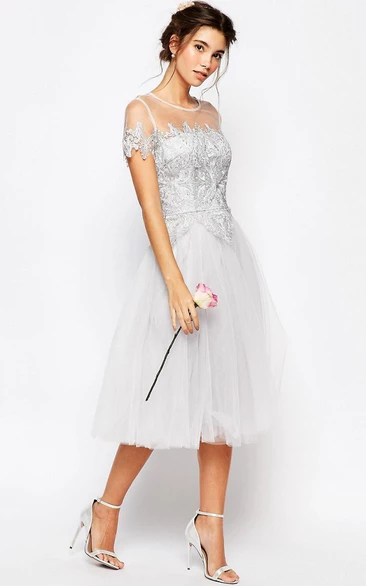 Illusion Scoop-neck Short Sleeve Tea-length Tulle Dress With Appliques