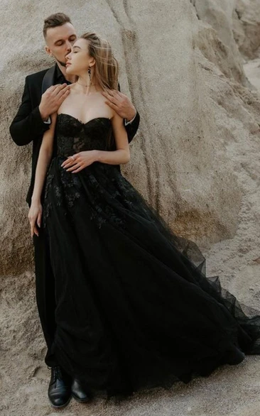Black A Line Sweetheart Neck Sweep Train Wedding Dress with Appliques and Tied Back