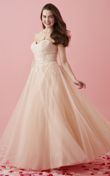 Full-Length Appliqued Sweetheart Strapless Tulle Sleeveless Lace-Up-Back Ball Gown