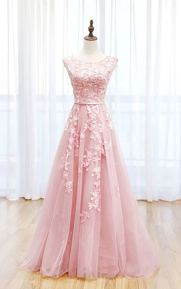 Adorable Pink Scoop Neck Sleeveless A-line Tulle Dress with Appliques and Ribbon