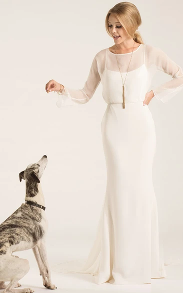 Scoop-neck Long Sleeve Sheath Dress With Low-V Back And Sweep Train
