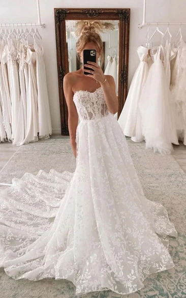 A-line Sweetheart Lace Applique Empire Sweep Train Wedding Dress