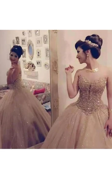 Ball Gown Sleeveless Floor-length Sweetheart Tulle Sequins Prom Dress with Zipper Back