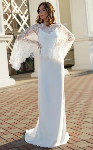 Simple Chiffon Sheath Wedding Dress with Lace Cape Top