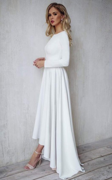 A Line Bateau Satin High-Low Long Sleeve Open Back Wedding Dress