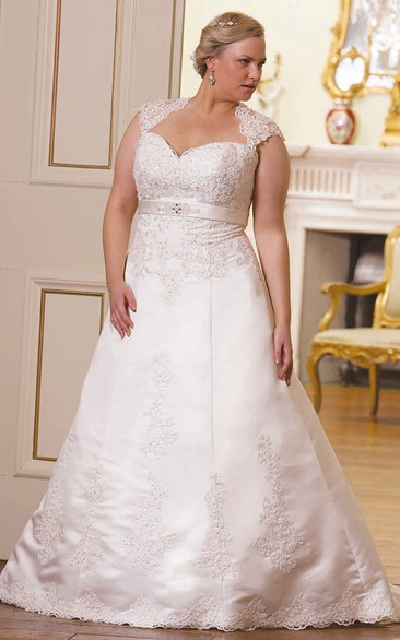 Queen Anne A-line Satin plus size wedding dress With Appliques