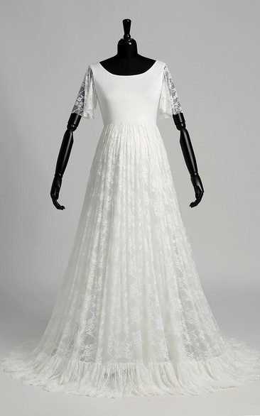 A-line Satin Lace Scoop Floor-length Sweep/Brush Train Short Sleeve Pleats Maternity Wedding Dress