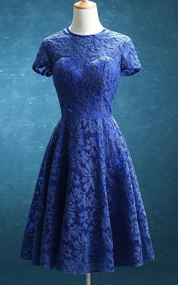 Jewel-Neck Short Sleeve short mini Dress With Lace Appliques