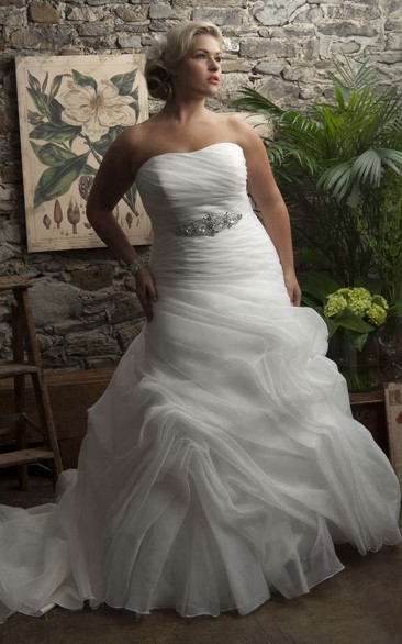 Strapless Ruffled Pick Up Ball Gown With Corset Back And Jeweled Waist