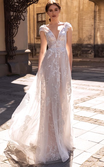 Sexy Plunging Neckline Floor-length A LineShort Sleeve Lace Wedding Dress with Ruching