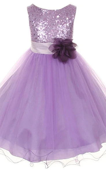 Sequined Bodice Flower A-Line Sleeveless Dress