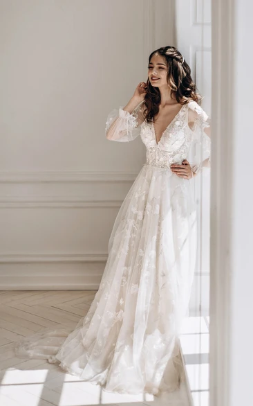 Lace Adorable Illusion Boho Long Sleeve Empire Wedding Dress